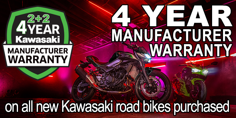 Enjoy four years warranty with all new Kawasaki's! 