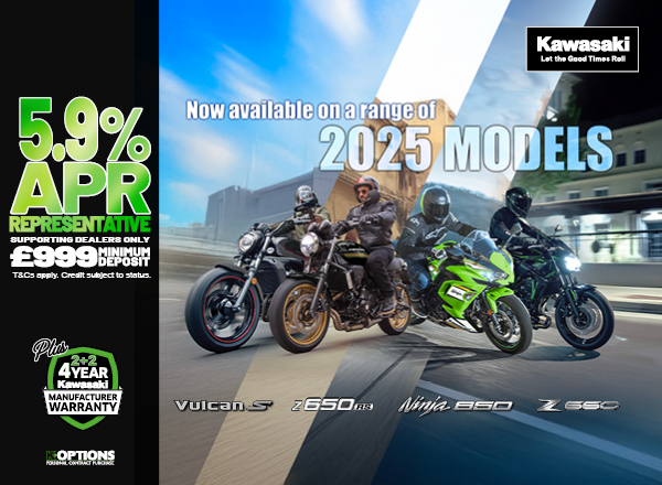 Enjoy 0% APR on HP and 5.9% PCP APR Representative on a wide range of Kawasaki machines!