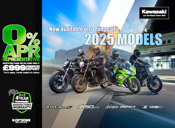 Enjoy 0% APR on HP and 5.9% PCP APR Representative on a wide range of Kawasaki machines!