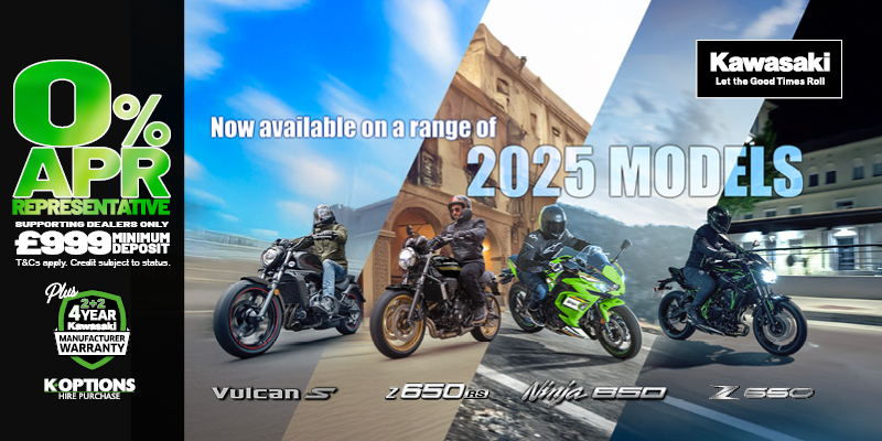 Enjoy 0% APR on HP and 5.9% PCP APR Representative on a wide range of Kawasaki machines!